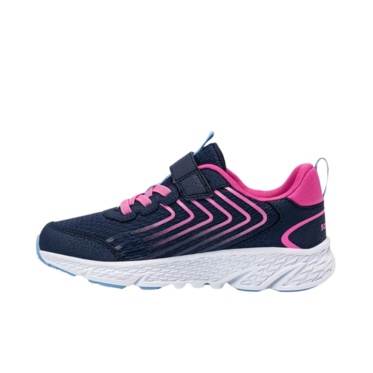 Navy and pink running shoe on a white background
