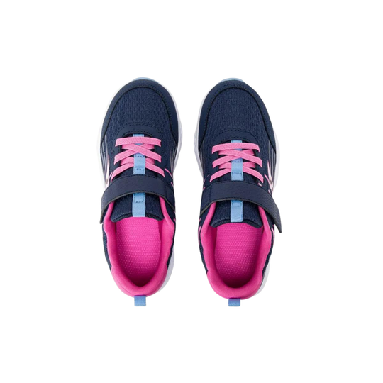 Navy and pink running shoes with velcro straps on a white background