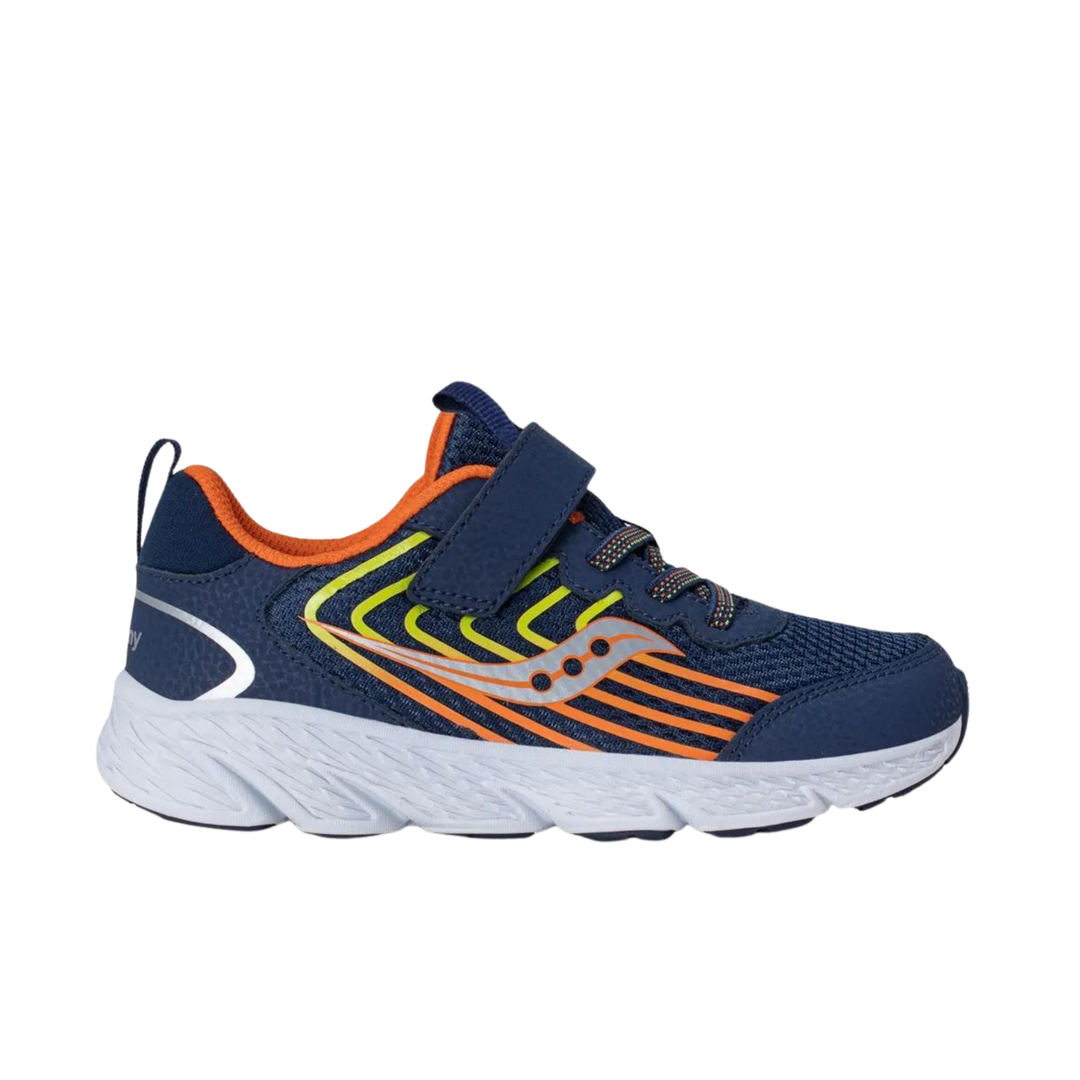 Navy and orange running shoe on a white background