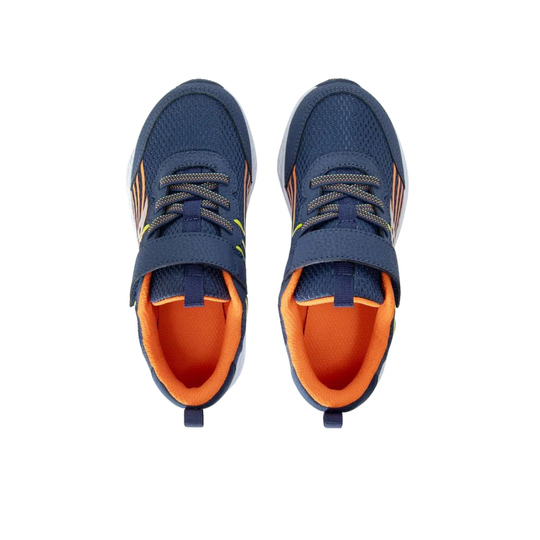 Pair of blue and orange athletic shoes on a white background