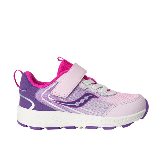Purple and pink sneaker with white sole on a white background