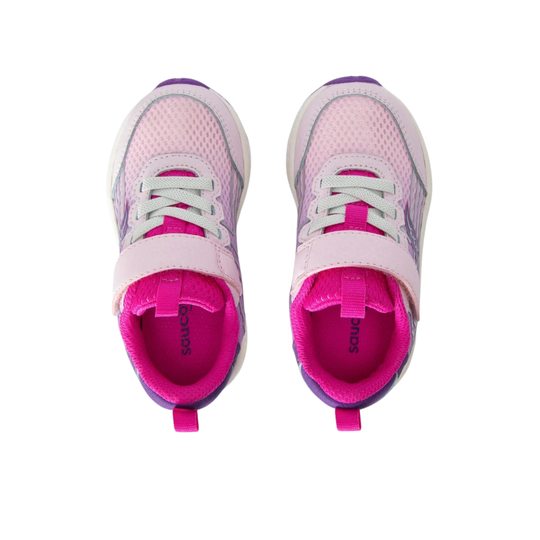 Pink and purple children's sneakers on a white background