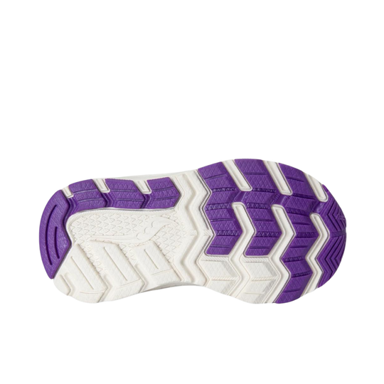 Close-up of a shoe sole with purple and white tread pattern on a white background