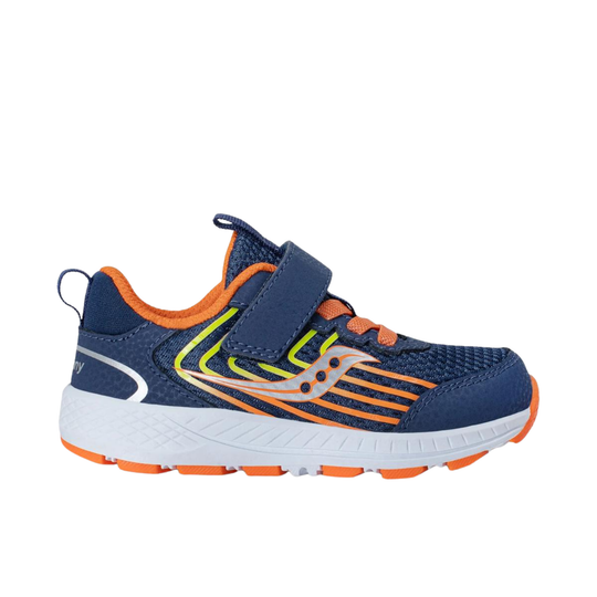 Navy and orange running shoe with white sole on a white background