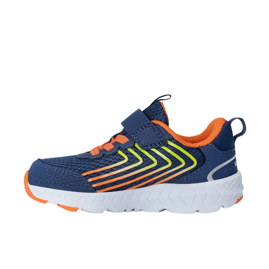 Navy and orange running shoe with white sole on a white background