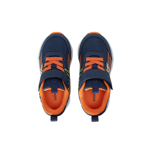 Pair of blue and orange children's sneakers on a white background