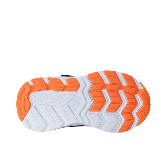 Close-up of a shoe sole with orange and white tread pattern on a white background