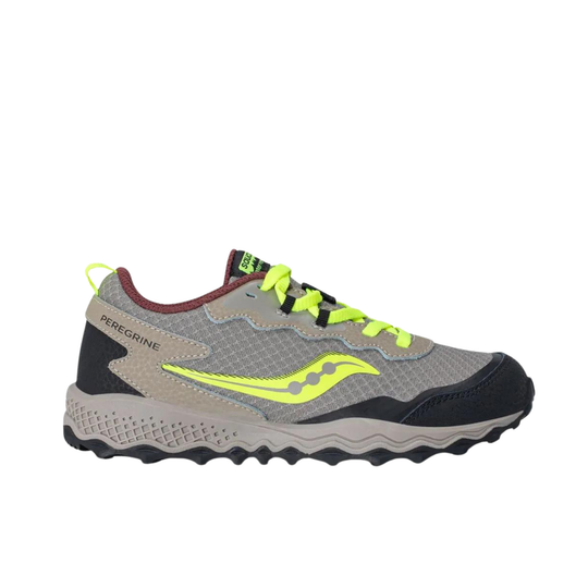 Gray and black sneaker with neon yellow accents on a white background