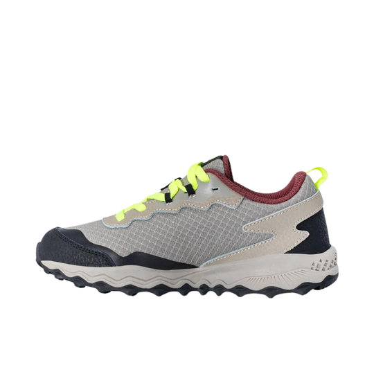 Gray athletic shoe with yellow accents on a white background