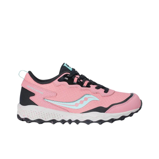 Pink and black running shoe with a visible brand logo on a white background