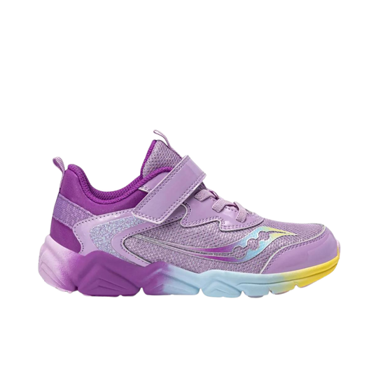 Purple children's sneaker with a yellow sole on a white background