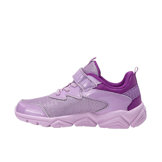 Purple children's sneaker with a white background