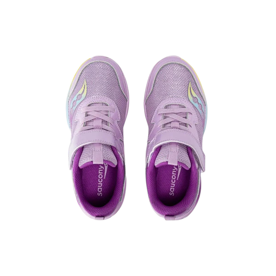 Pair of purple running shoes with visible brand logo on a white background