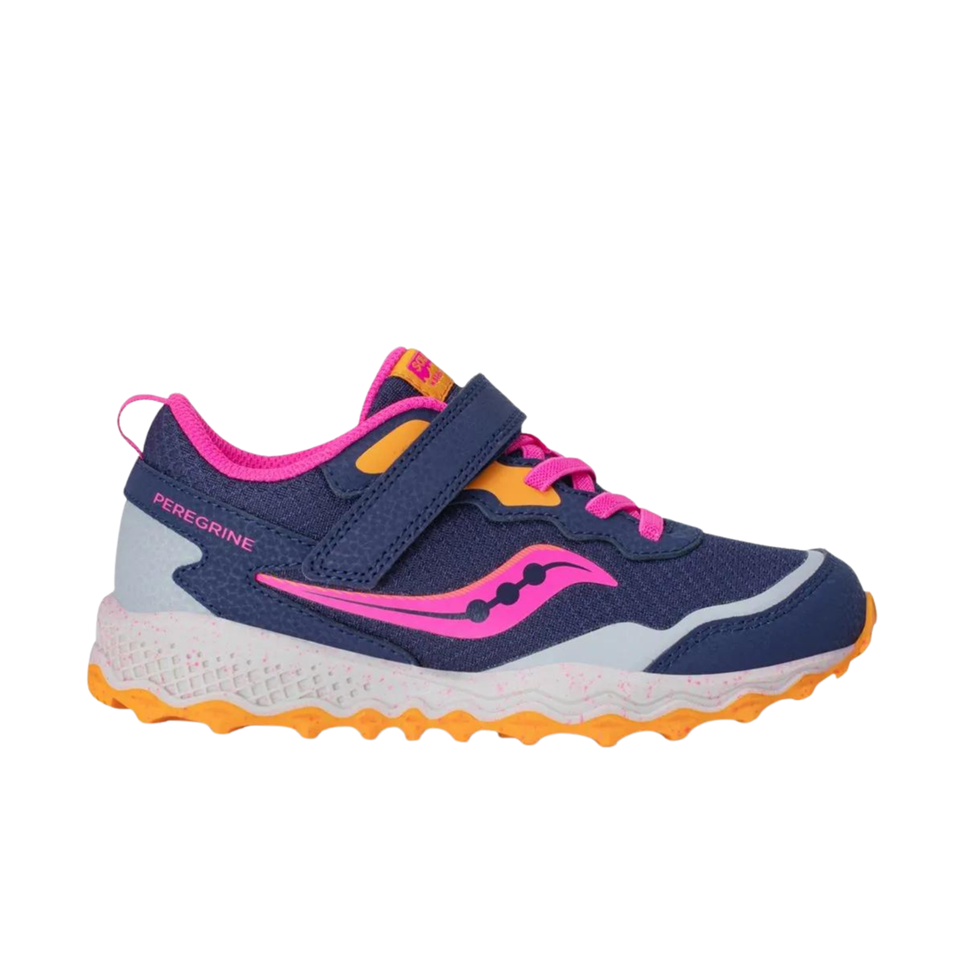 Navy children's running shoe with pink and orange accents on a white background