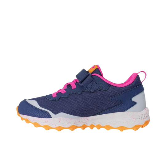 Navy blue and pink children's sneaker on a white background