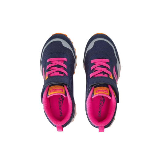 Navy and pink athletic shoes on a white background
