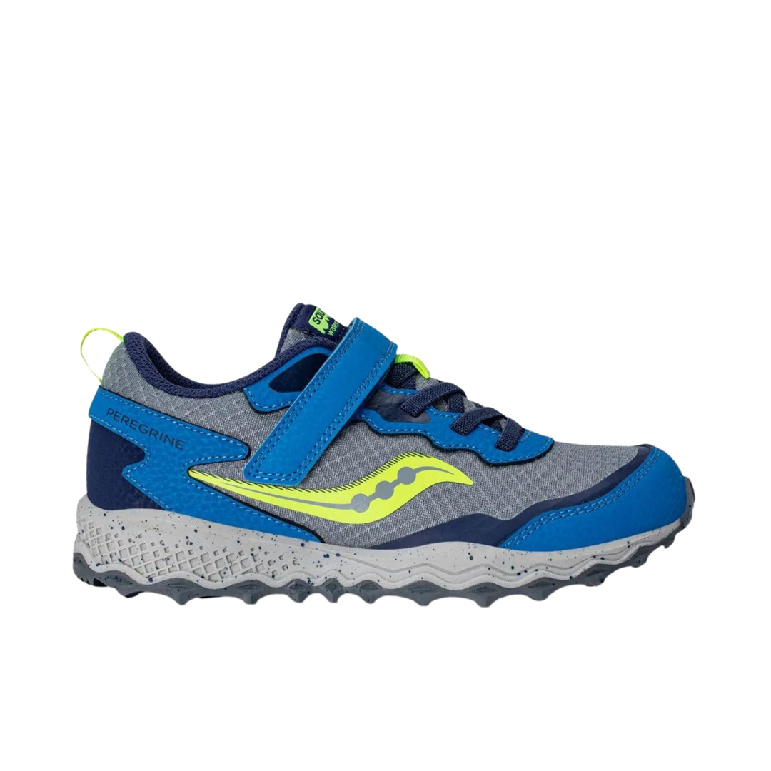 Gray and blue sneaker with a green accent on a white background