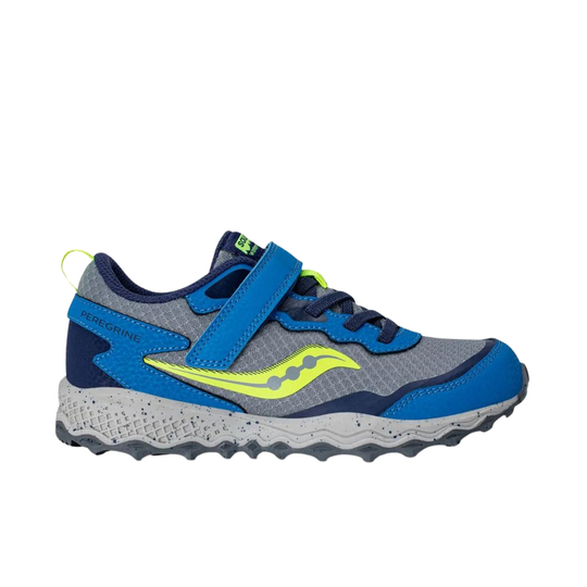 Gray and blue sneaker with a green accent on a white background