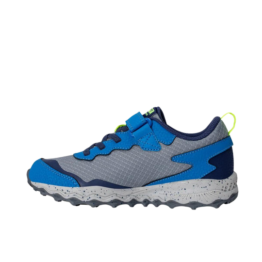 Gray and blue sneaker with a white background