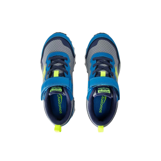 Pair of blue and gray sneakers with neon green accents on a white background