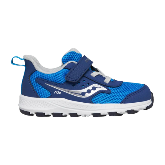 Blue children's sneaker with a strap on a white background