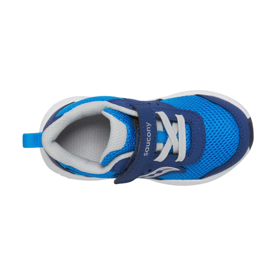 Blue running shoe with white laces on a white background