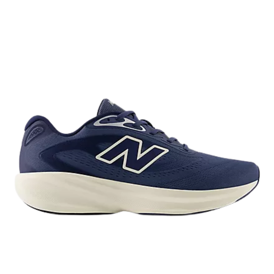 Navy blue running shoe with white sole on a white background