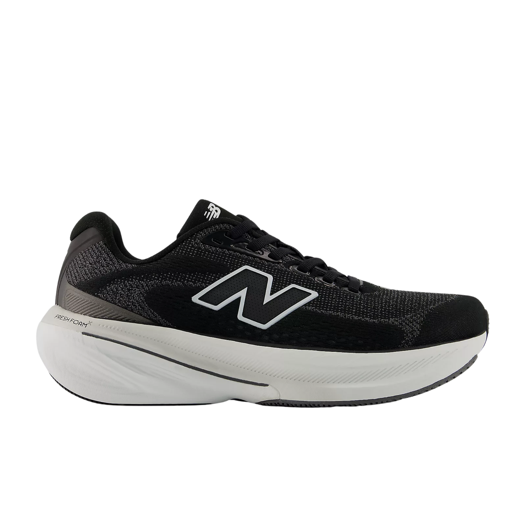 Black running shoe with white sole on a light gray background