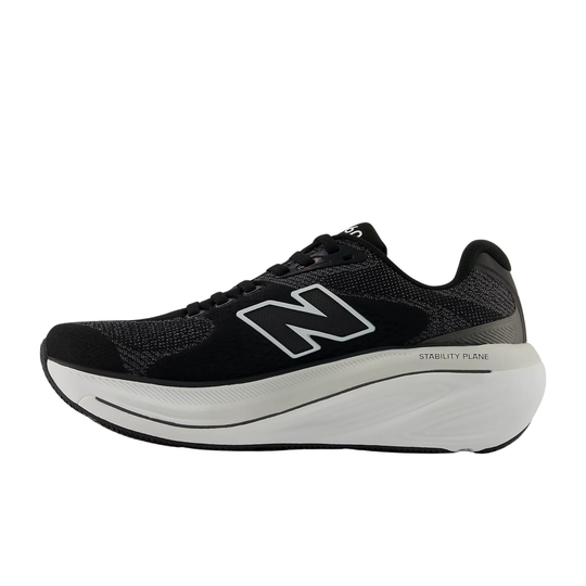 Black running shoe with white sole on a white background