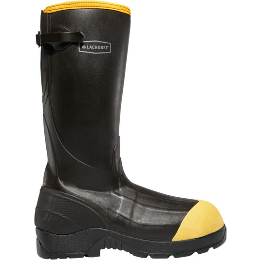 Black rubber boot with yellow accents on a white background