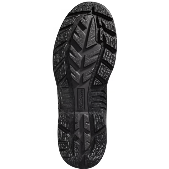 Close-up of a black shoe sole with tread pattern on a white background