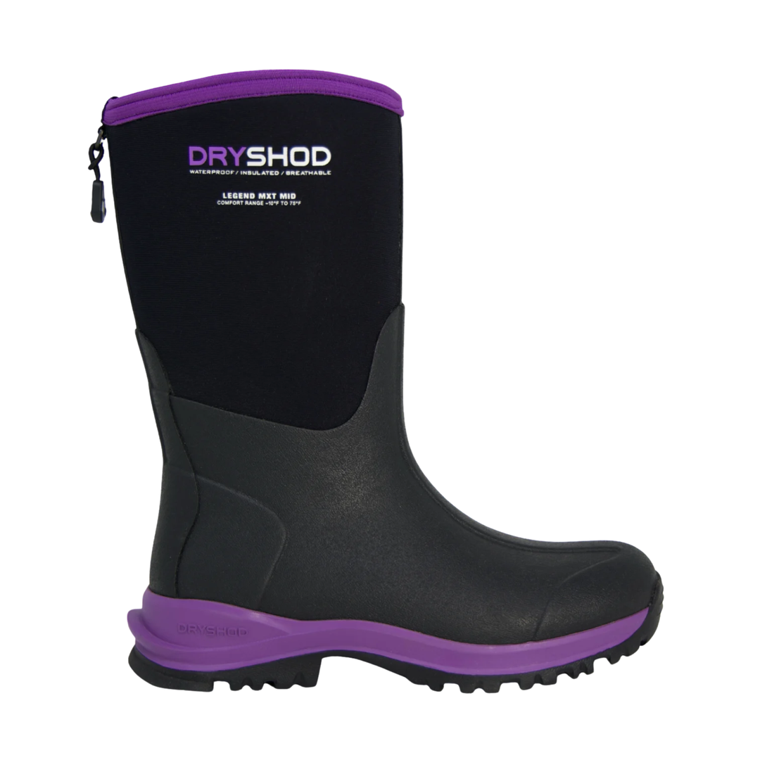 Black rubber boot with purple accents and 'Dryshod' branding on a white background