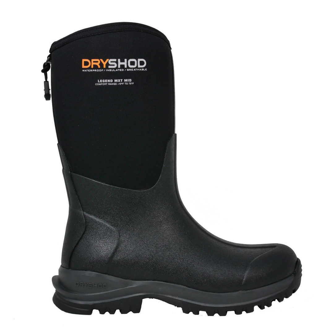 Black rubber boot with 'Dryshod' branding on a white background