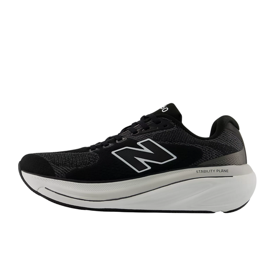 Black running shoe with orange accents on a white background