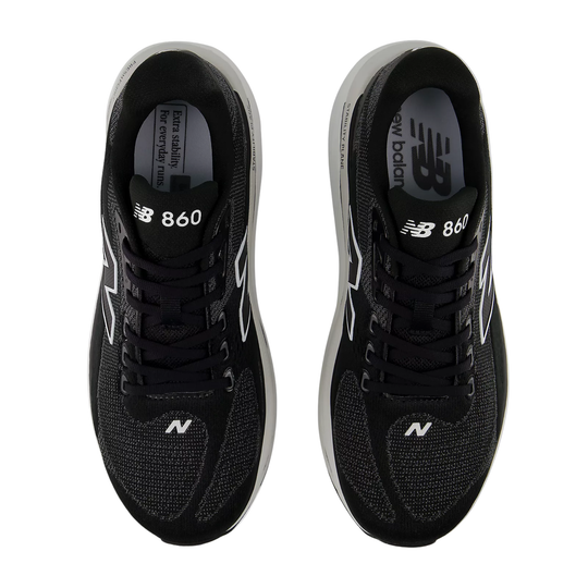 Black New Balance 860 running shoes on a white background