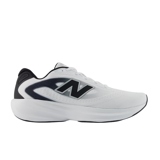 White running shoe with black accents on a white background