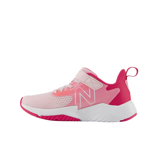 Pink and white sneaker with New Balance logo on a white background