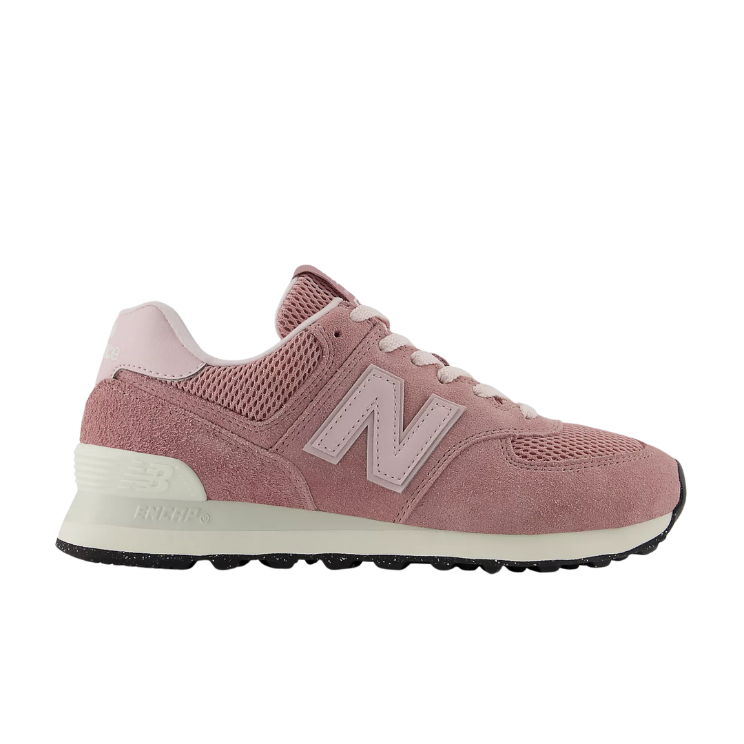 Pink suede and mesh sneaker with white laces, side logo, and a black outsole