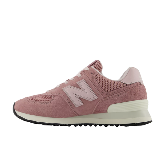 Pink suede and mesh sneaker with white side logo, cream midsole, and black outsole