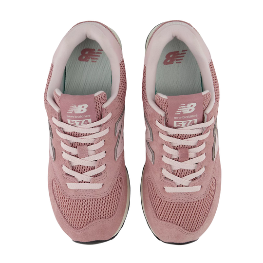 Pink suede and mesh sneakers with white laces and visible NB 574 branding, shown from above