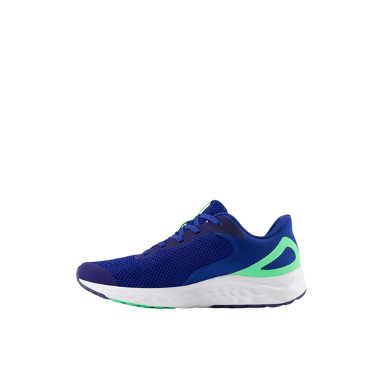 Blue running shoe with green accents on a white background