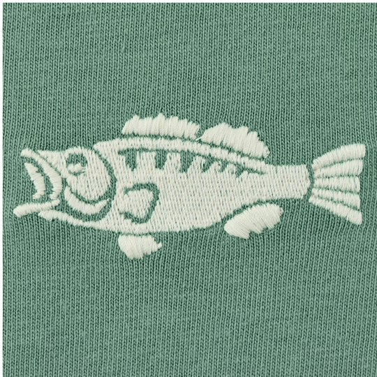 Fish embroidery design on a green fabric background
