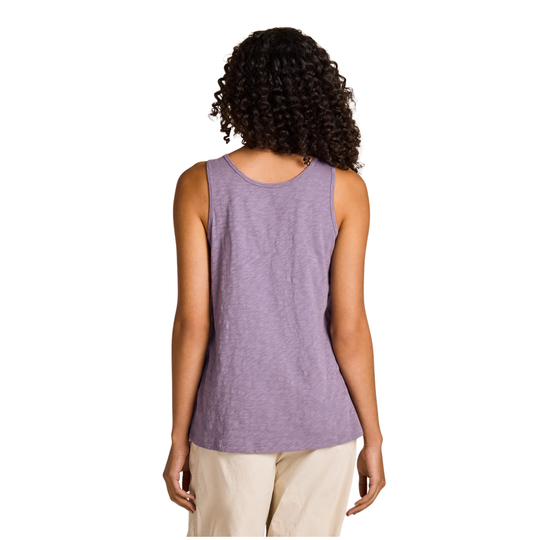 Person wearing a purple tank top on a white background