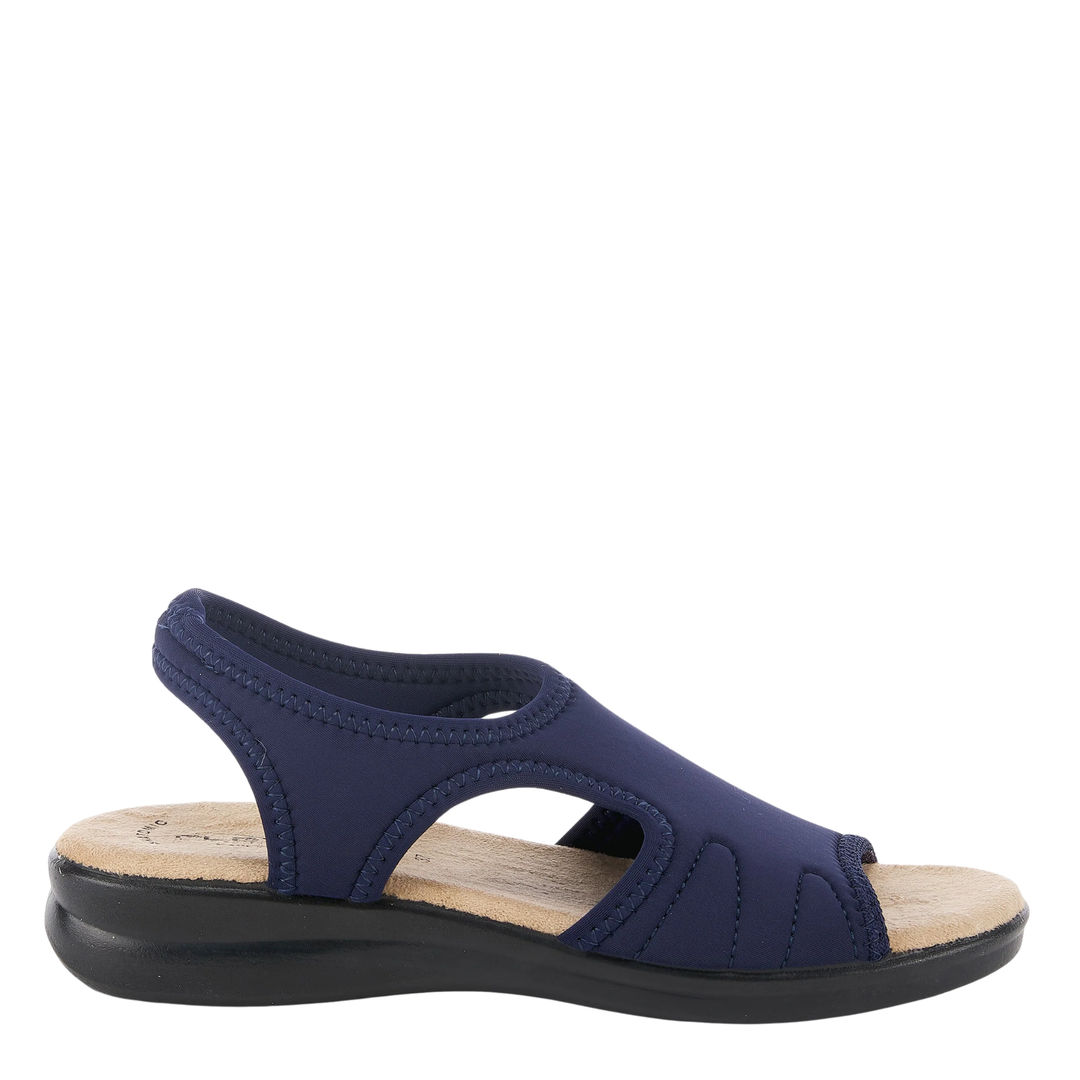 Navy blue sandal with a wooden sole on a white background