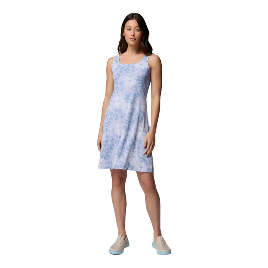 blue floral dress on female model on white background