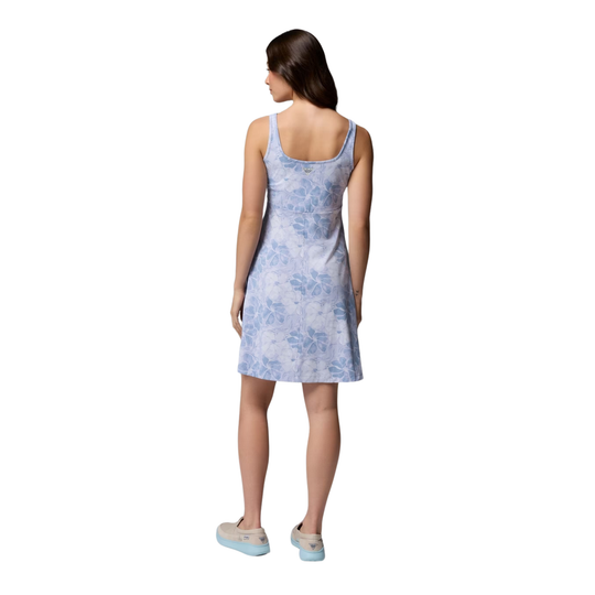 back of blue floral dress on female model on white background