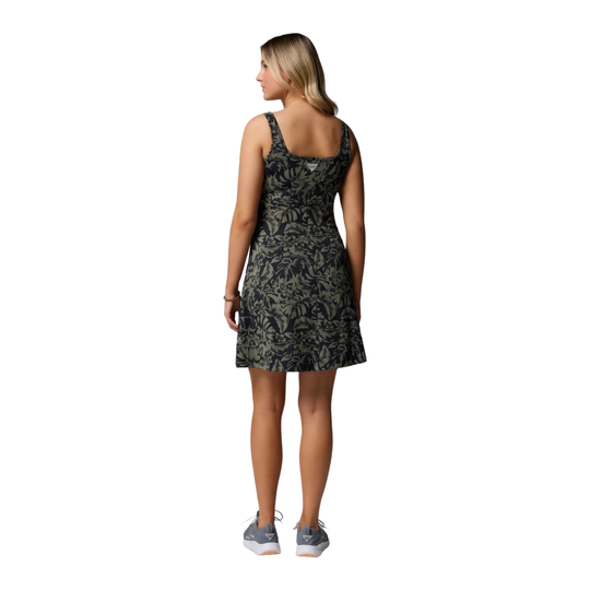 Back of Green floral dress on female model on white background