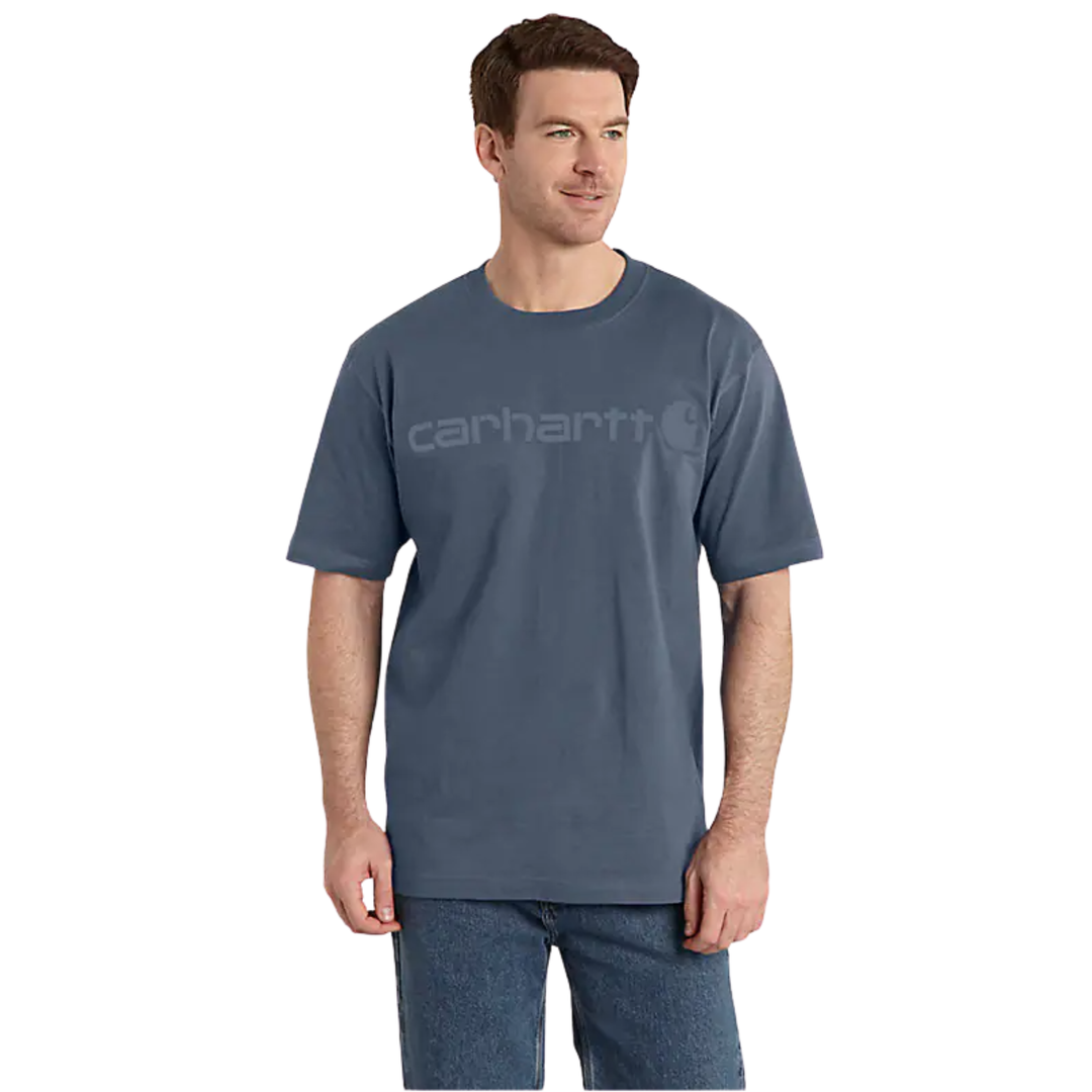 blue t shirt with Carhartt logo on chest on male model on white background