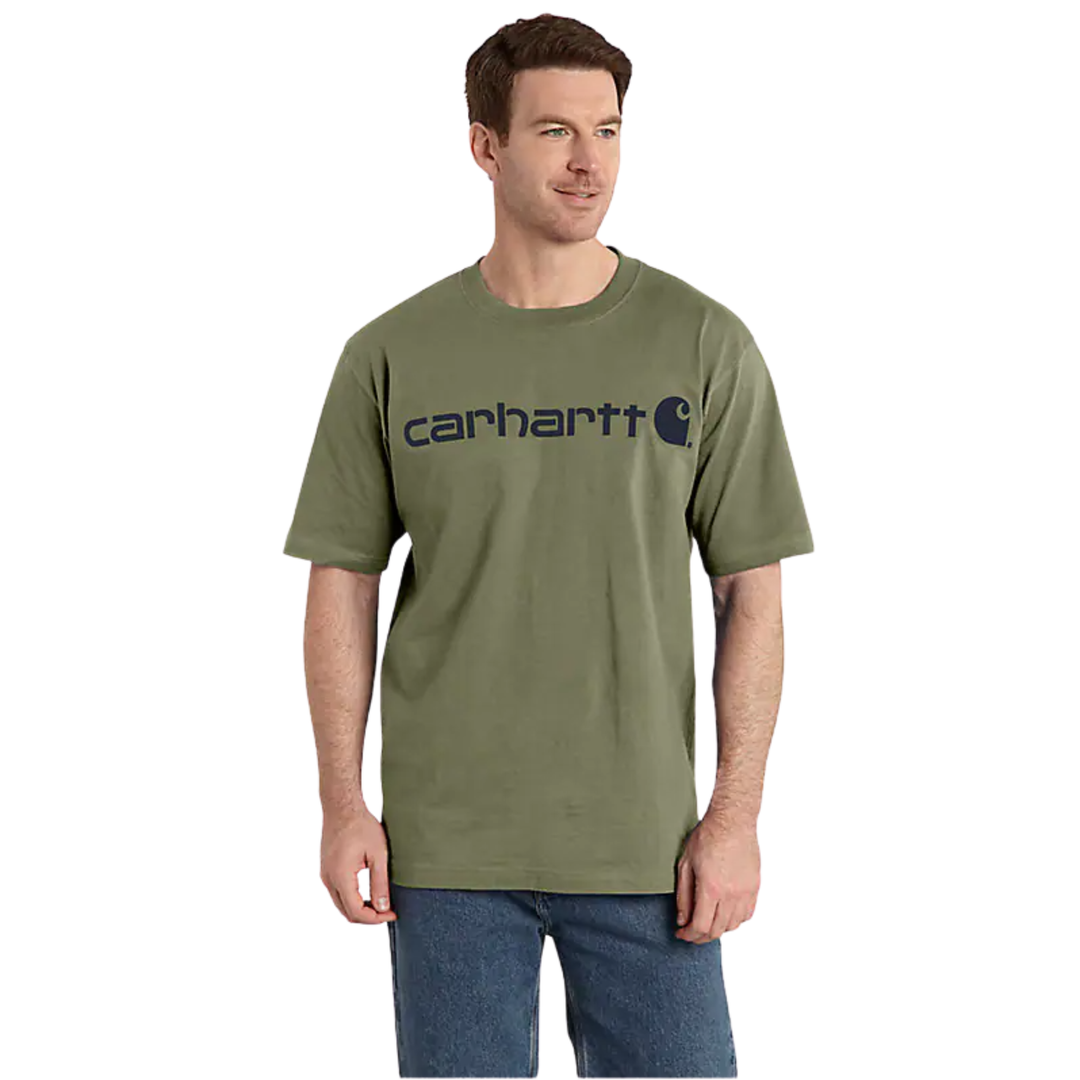 green t shirt with Carhartt logo on chest on male model on a white background 