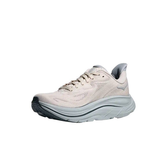 Grey and blue HOKA shoe on white background
